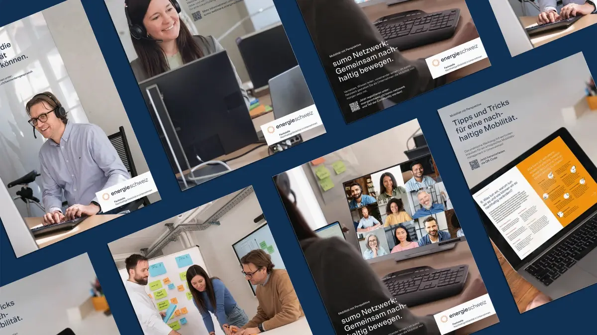 Eine Collage aus geschäftsbezogenen Bildern mit Fachleuten, die an Computern arbeiten, an Videogesprächen teilnehmen, in Besprechungen zusammenarbeiten, und einem Tablet, das Diagramme anzeigt, alles vor einem dunkelblauen Hintergrund.
