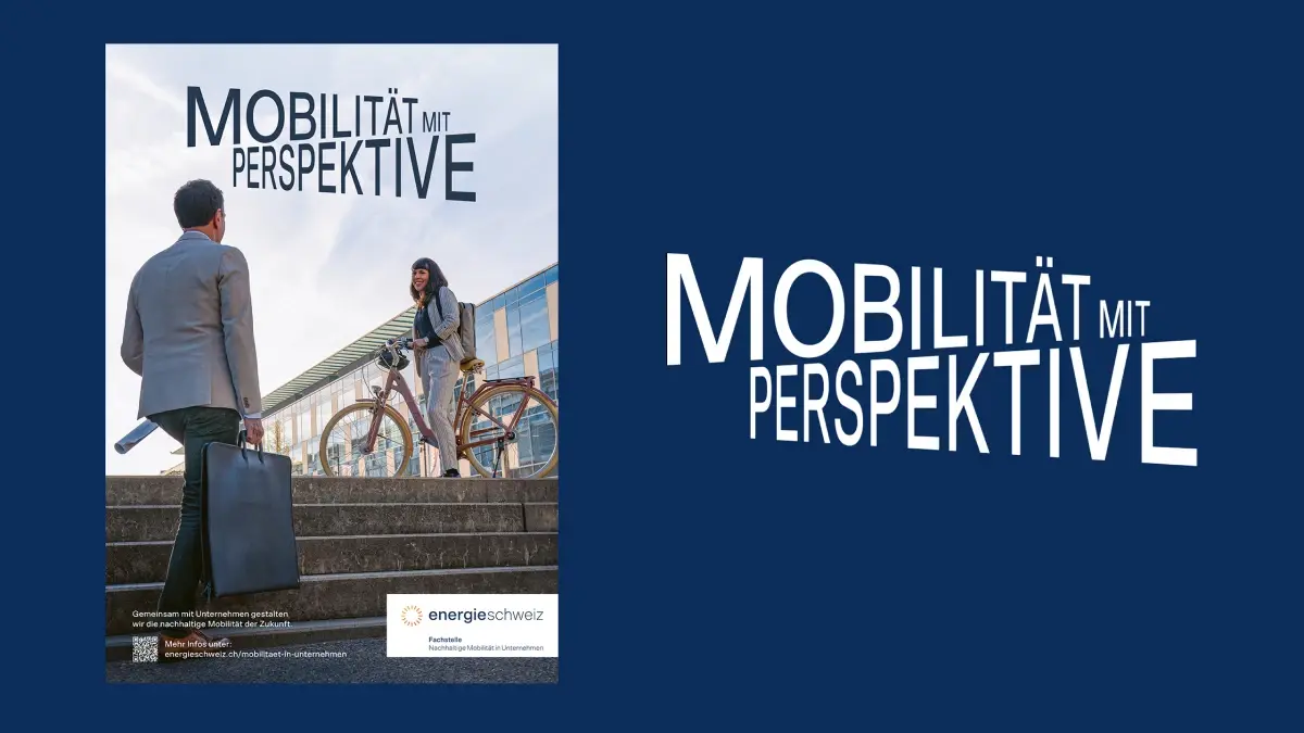 Ein Mann im Anzug mit einer Aktentasche geht auf eine Frau mit einem Fahrrad vor einem modernen Gebäude zu. Auf dem Bild steht als Titel: «Mobilität mit Perspektive»