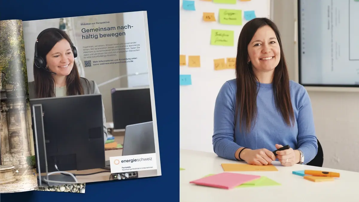 Geteiltes Bild: Links eine lächelnde Frau mit langen braunen Haaren, die Kopfhörer trägt und an einem Computer für eine Anzeige sitzt. Auf der rechten Seite sitzt sie an einem Tisch mit Haftnotizen, lächelt und hält einen Marker in einem hellen Büro.