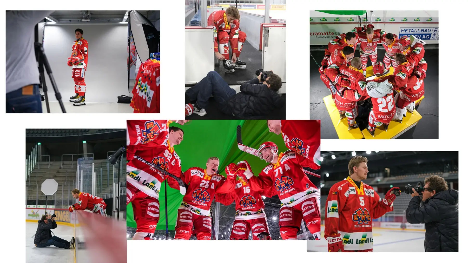 Behind-the-Scenes-Aufnahmen des EHC Biel/Bienne Fotoshootings mit Spielern und Fotografen auf dem Eis, fuer die neue Saisonkampagne.