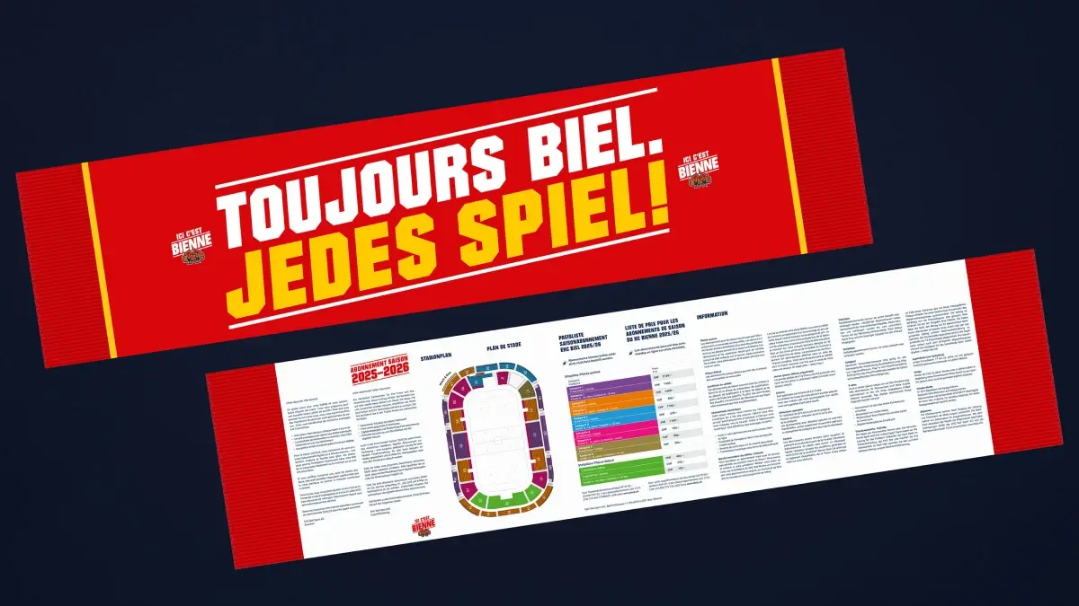 Broschuere des EHC Biel/Bienne mit dem Slogan TOUJOURS BIEL, JEDES SPIEL! und Informationen zum Saisonabonnement 2025-2026.