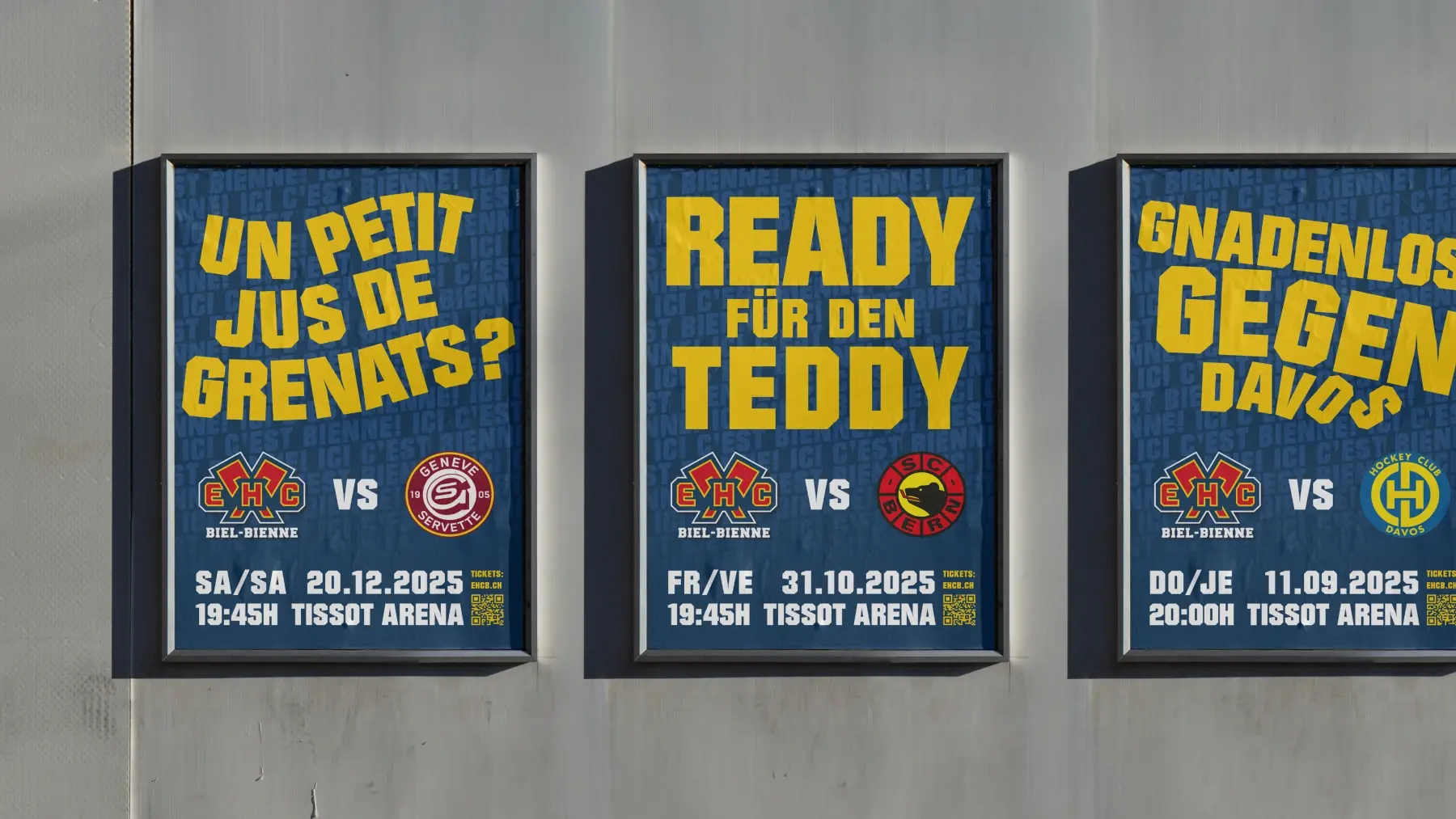 Plakate der EHC Biel/Bienne Saisonkampagne mit den spannenden Spielen gegen Genf, Bern und Davos, sowie Informationen zur Ticketverfuegbarkeit.