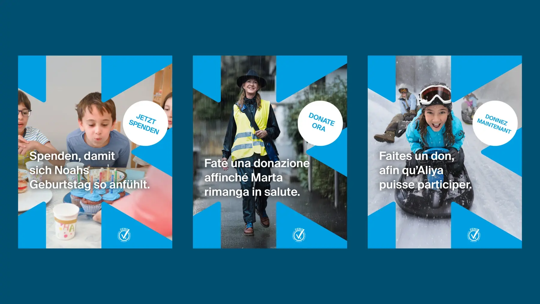Drei digitale Social Ads der Winterhilfe in Deutsch Italienisch und Franzoesisch mit Spendenaufruf