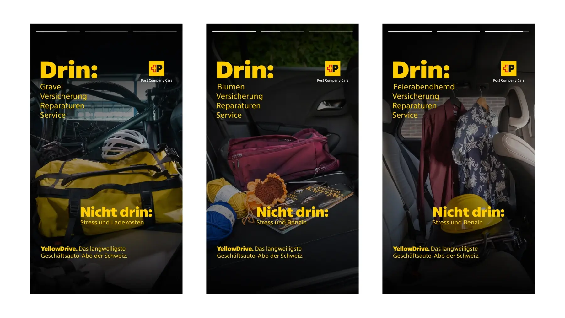 Drei Instagram Reels der Yellowdrive Kampagne mit Visuals zu Autoabo und Stressfreiheit