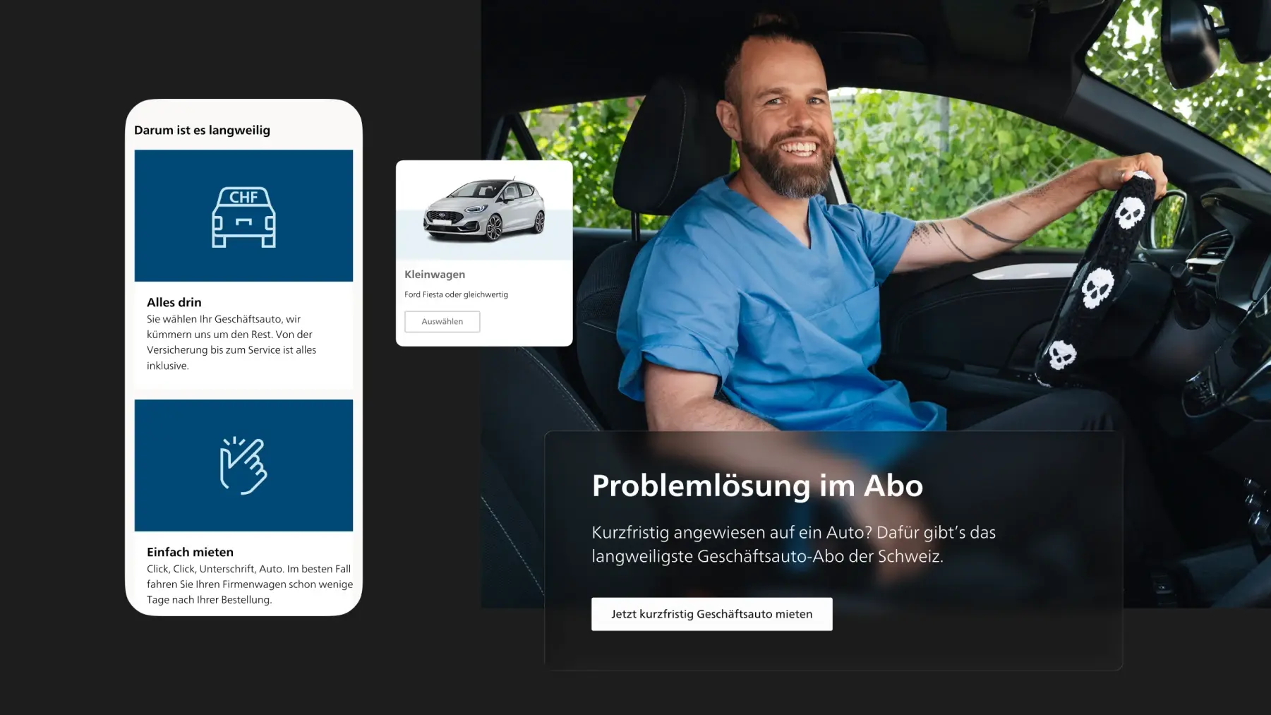 Mann im Auto als Teil der Yellowdrive Kampagne mit Website und Mobile Ansicht des Auto Abos