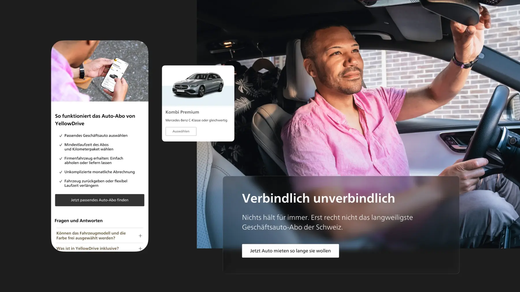 Mann im Auto als Teil der Yellowdrive Kampagne mit Website Ansicht zum Auto Abo Prozess