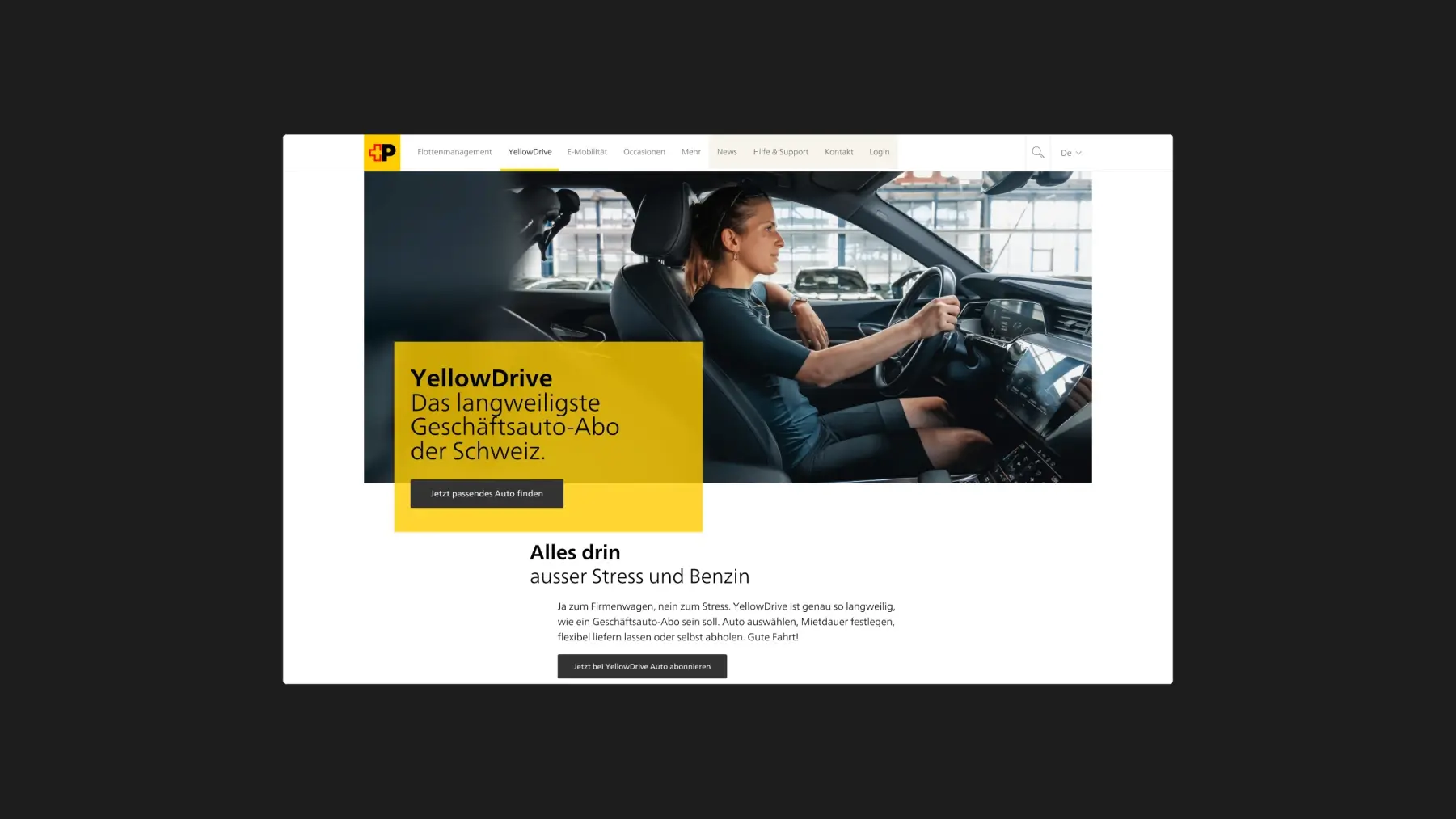 Landingpage der Yellowdrive Kampagne mit Frau im Auto und Claim zum Geschaeftsauto Abo