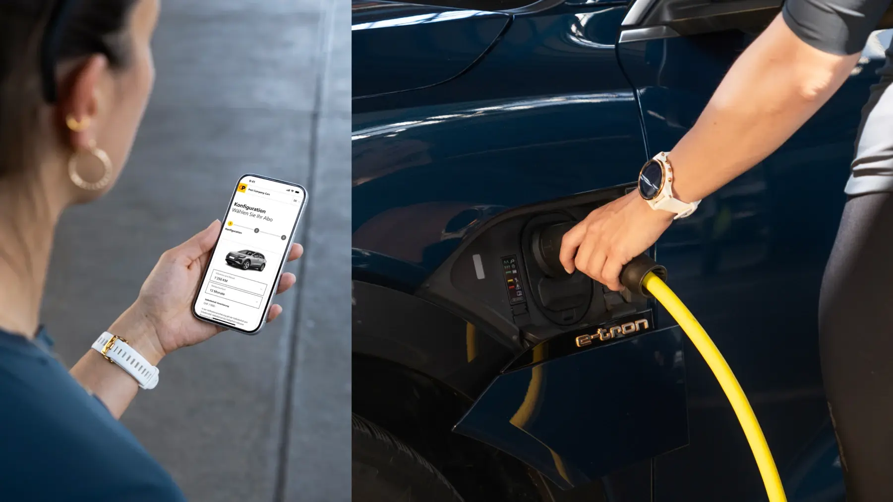 Frau nutzt Yellowdrive App und laedt E Auto – Moodbild der digitalen Kampagne