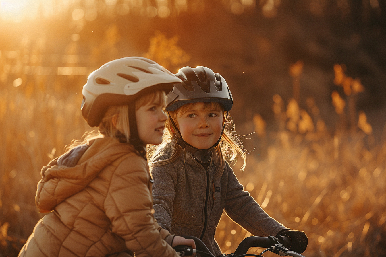 editorial photo of two children, on bicycles, helmets, modern, simple, warm light, muted colors