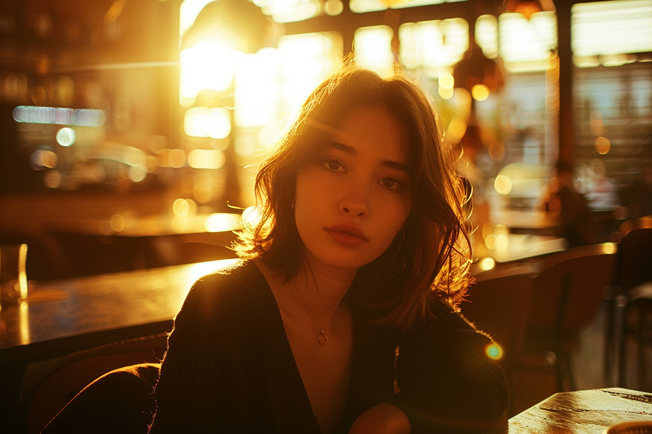 retro style eye-level portrait of a woman in cafe, golden hour lighting