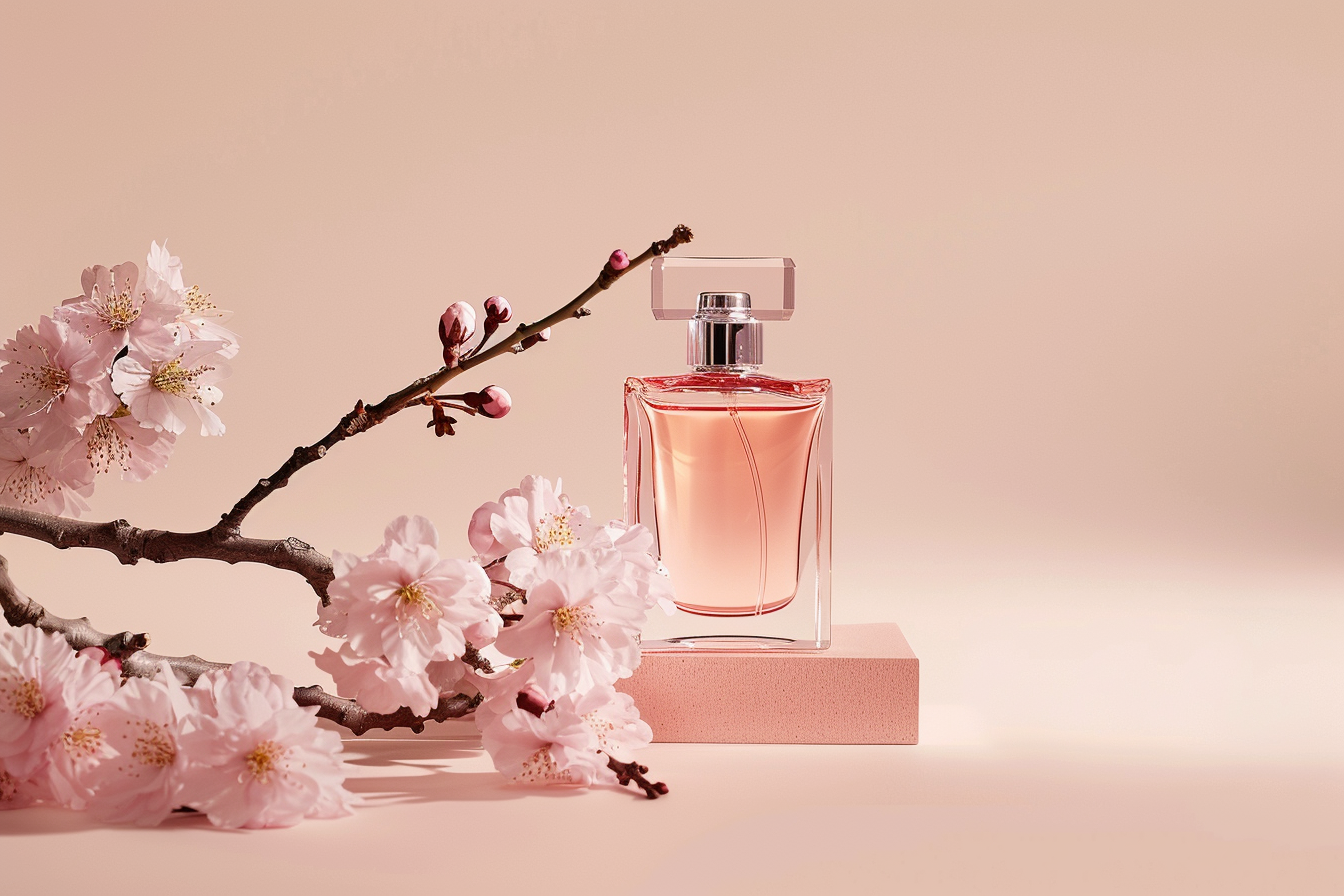 product photography of a pink perfume bottle, japanese cherry blossom, pastel studio background