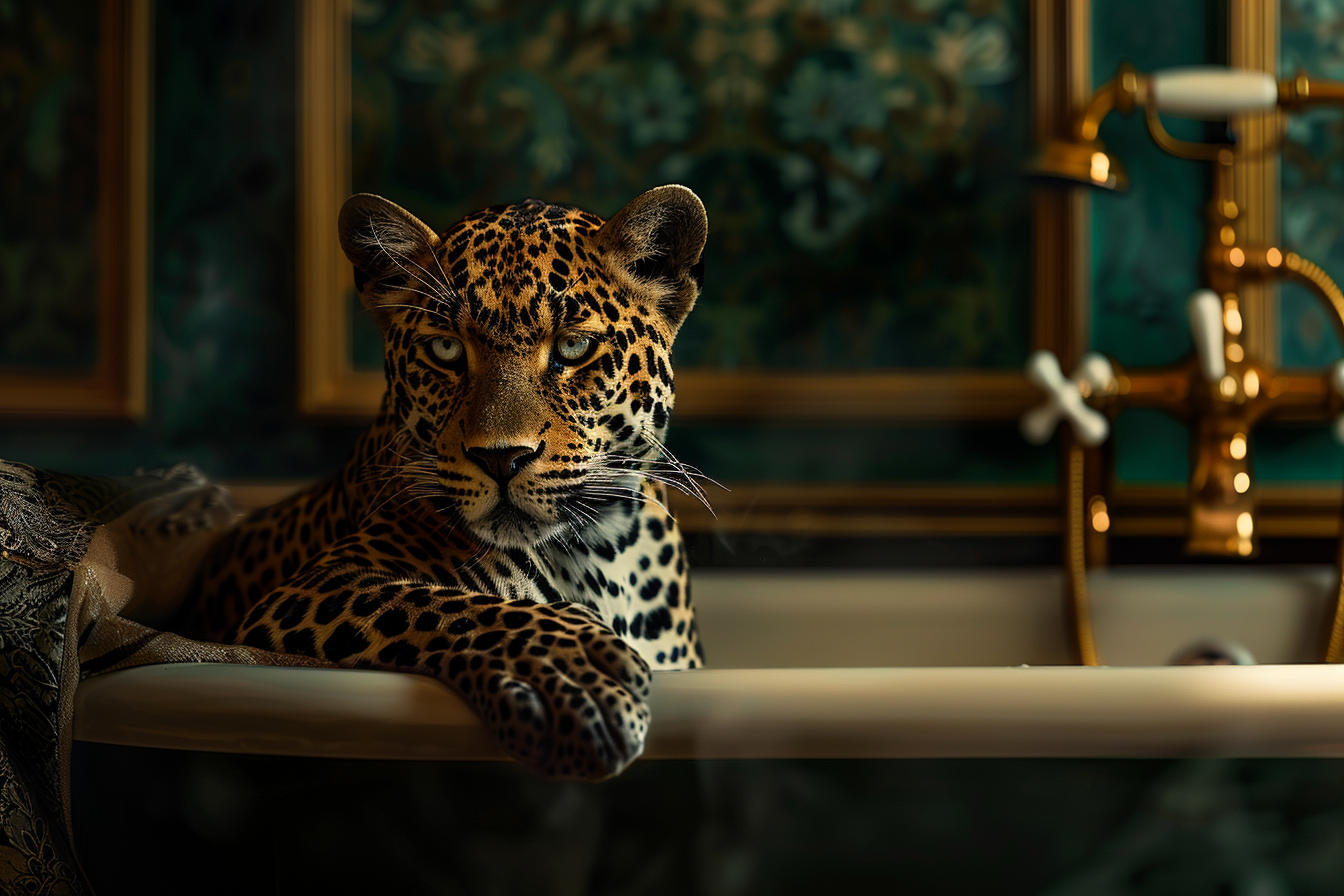 realistic portrait of leopard, sitting in bathtub, dark green and gold bathroom, blurry background