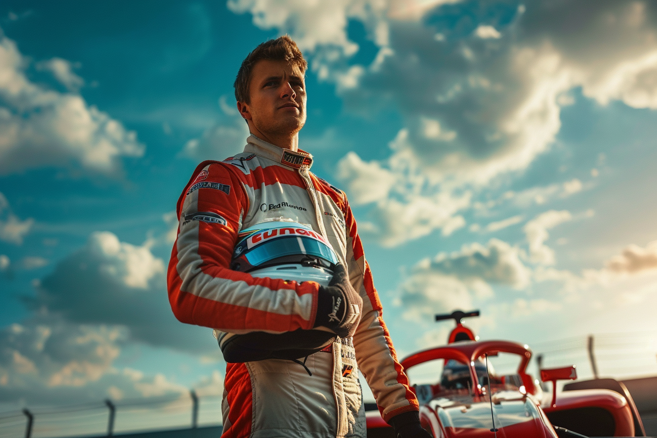 frontal shot from below of a formula one driver holding his helmet, racecar in background