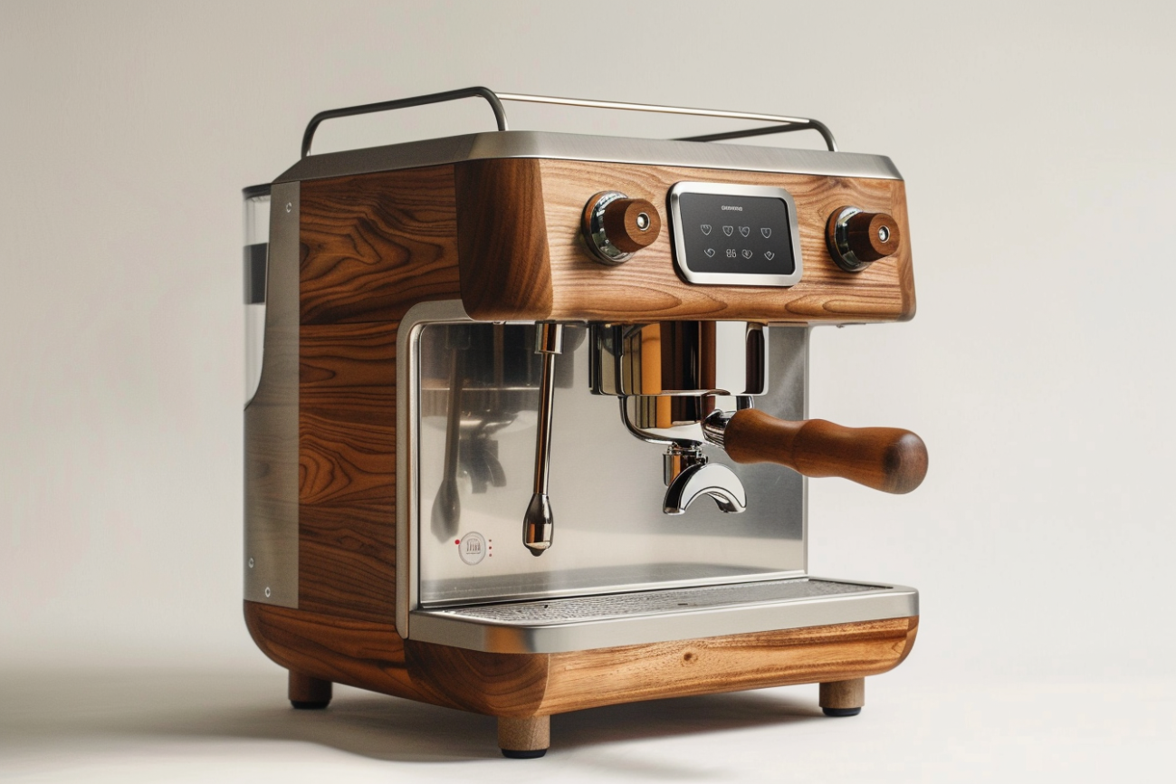product photography of espresso machine made of metal and wood