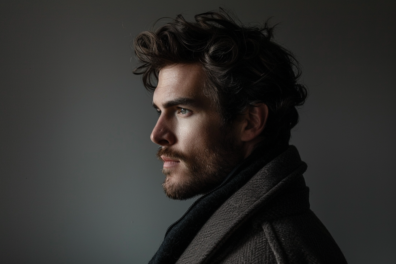 side angle studio portrait of male model, uncommon studio lighting, muted colors